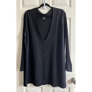 MISOOK Blk Deep V-Neck Varsity Textured Knit Rib Layering Sweater Pullover Top L